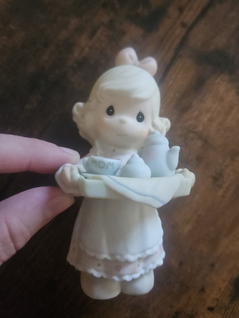 Vintage 1998 Precious Moments Cream and Light Blue Mom Figurine Holding Tea Tray